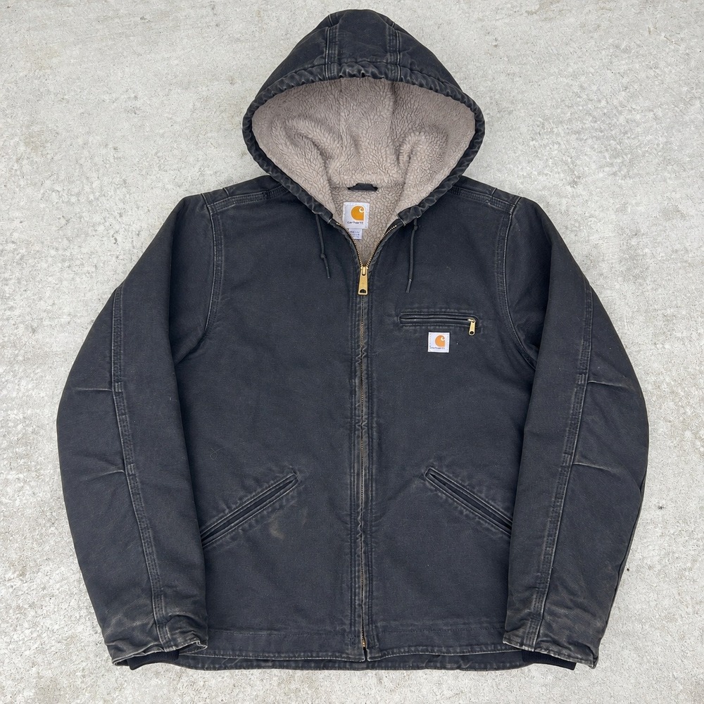 Carhartt WJ141 Hooded Jacket Size Medium Black Vintage Sherpa Workwear Coat